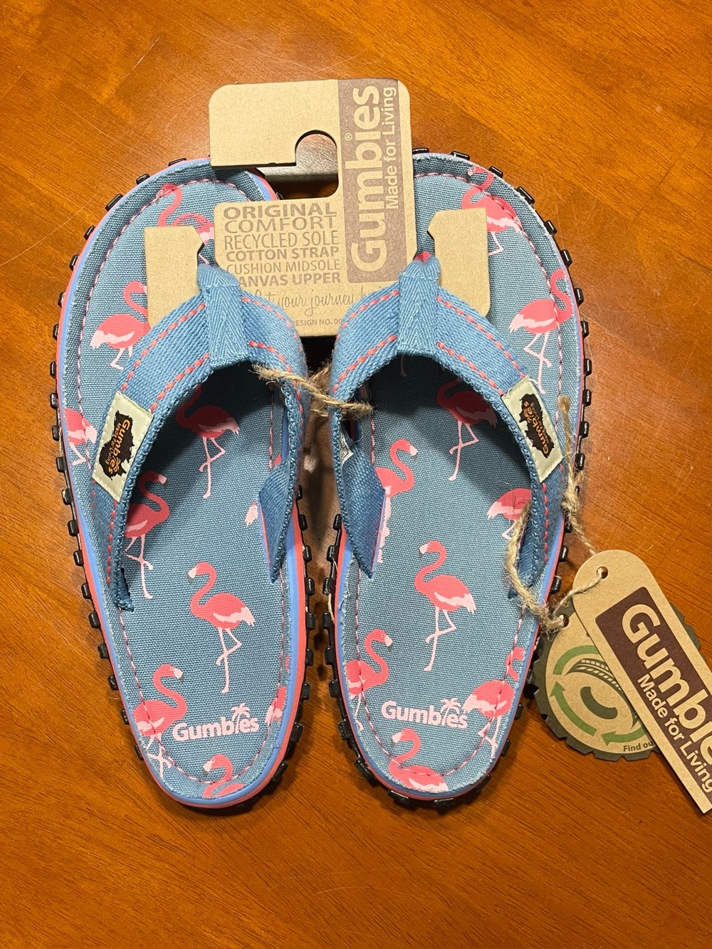 Women's Gumbies Islander Flamingo Print Blue Canvas Flip Flop Sandals